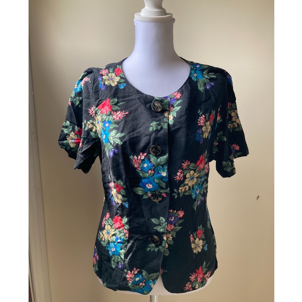 Vintage Norton McNaughton Black Floral Button Front Blouse | Size 8 - Picture 2 of 4